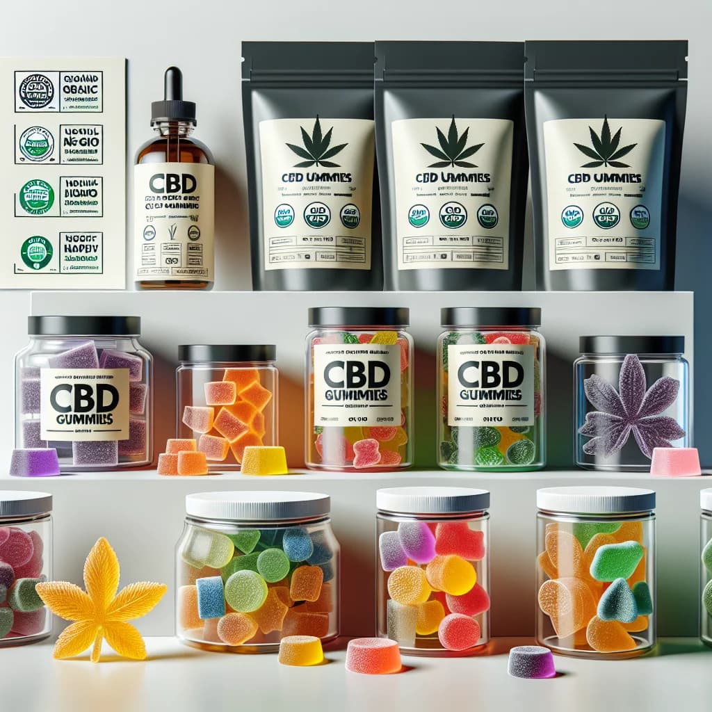 CBD gummies in colorful packaging with branding variations on a clean, white background