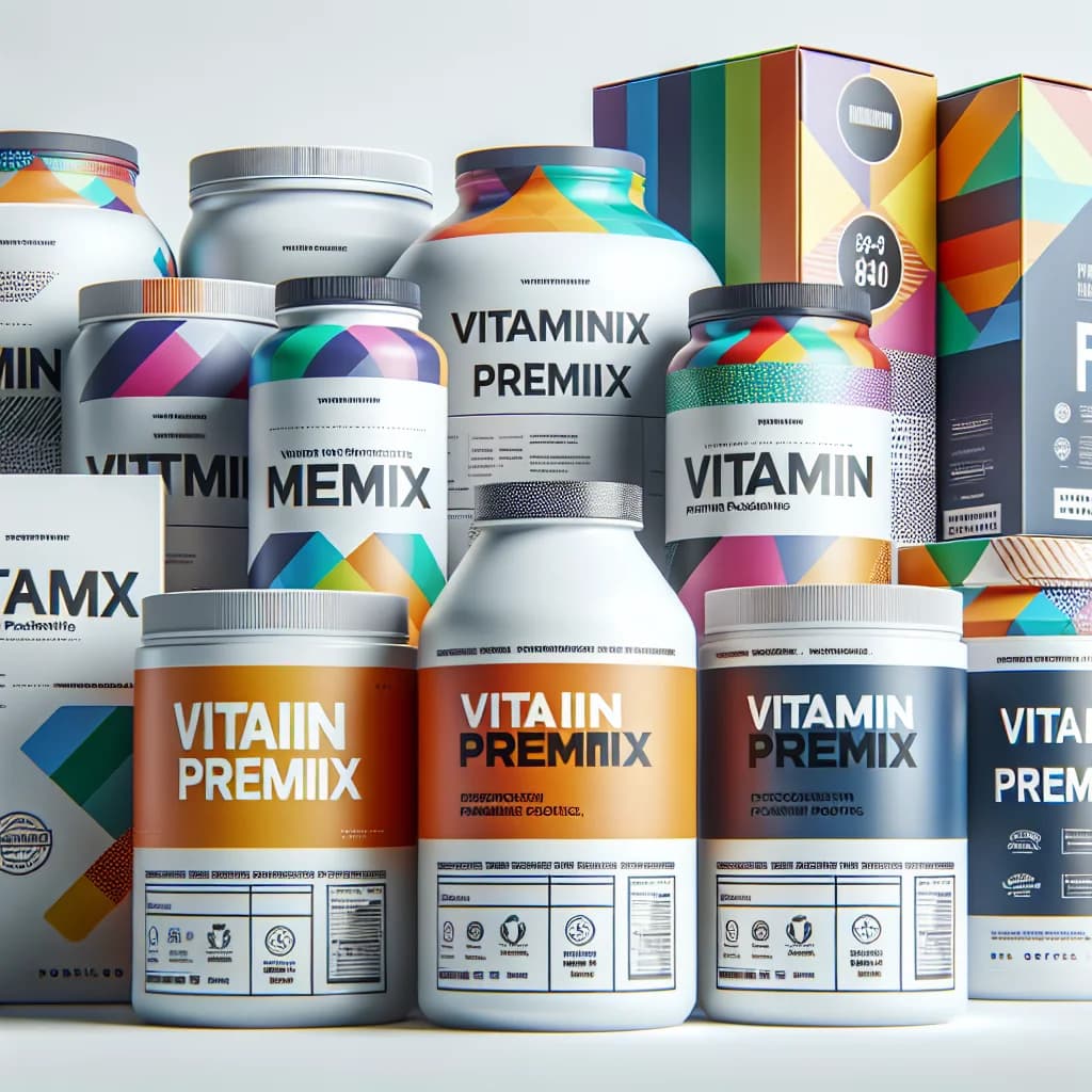 assorted vitamin premix packaging in bulk and private label formats on a clean white background